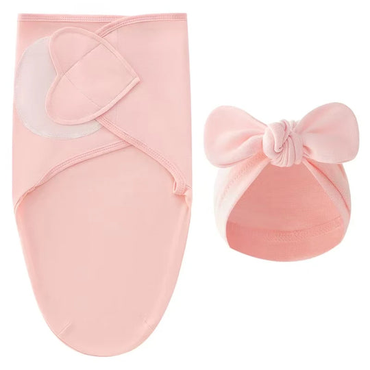 Couverture d’emmaillotage rose poudré 100 % coton avec bonnet nœud pour nouveau-né.