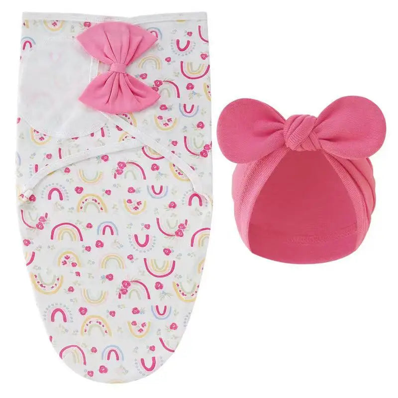 Couverture d’emmaillotage 100 % coton motif arc-en-ciel rose avec bonnet nœud assorti pour nouveau-né.