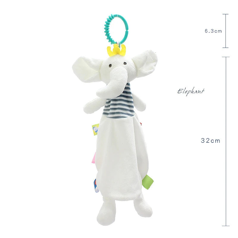 Doudou éléphant blanc long 32 cm avec haut rayé et anneau de suspension