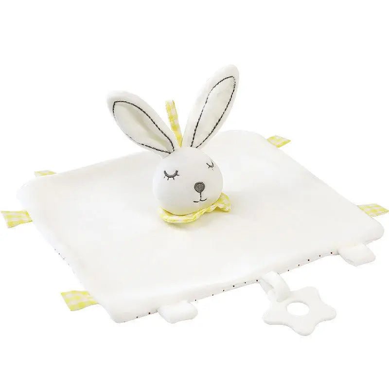 Doudou plat carré blanc avec tête de lapin et attaches pour bébé