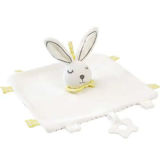 Doudou plat carré blanc avec tête de lapin et attaches pour bébé