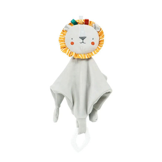 Doudou lion avec lange gris clair et crinière colorée pour bébé
