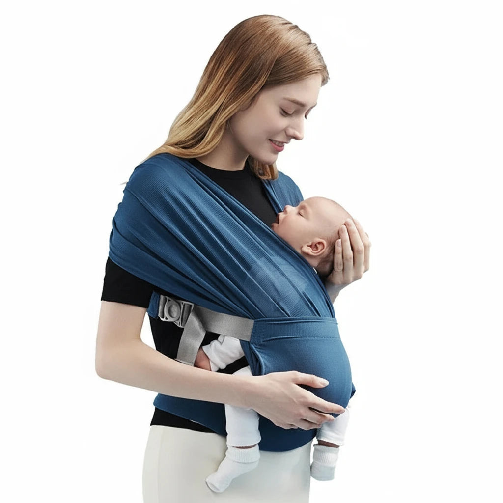 Maman portant son bébé dans une écharpe de portage bleu Kalinatur, maintien ergonomique et confortable.