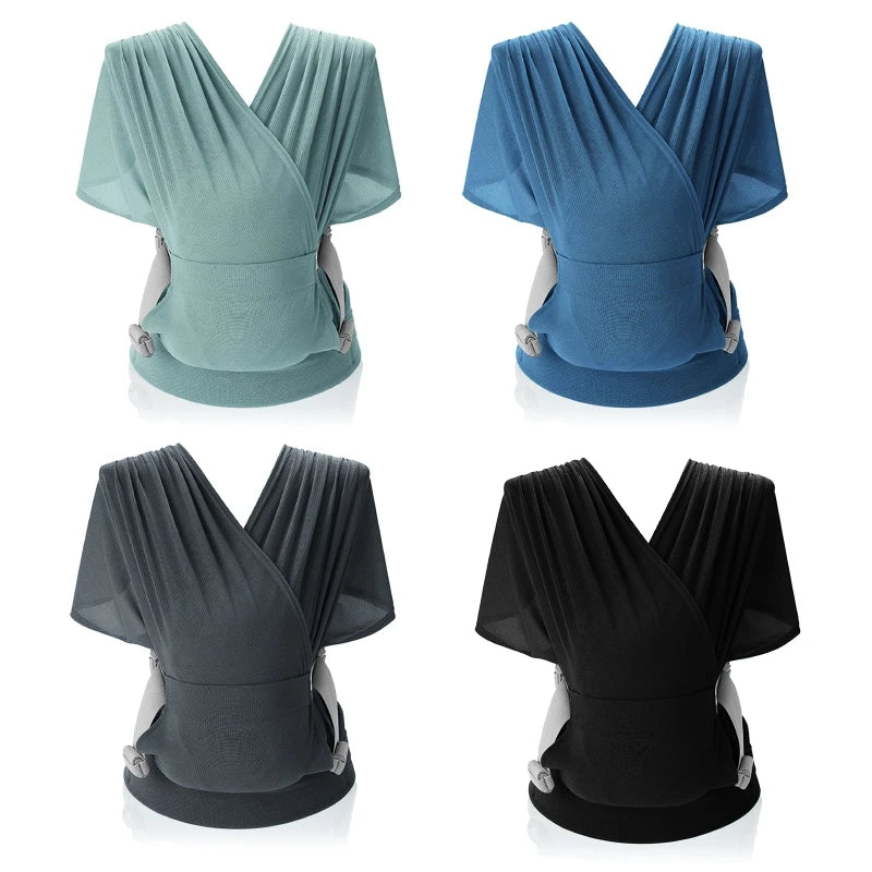 Écharpes de portage Kalinatur présentées en quatre couleurs : vert, bleu, gris foncé et noir.