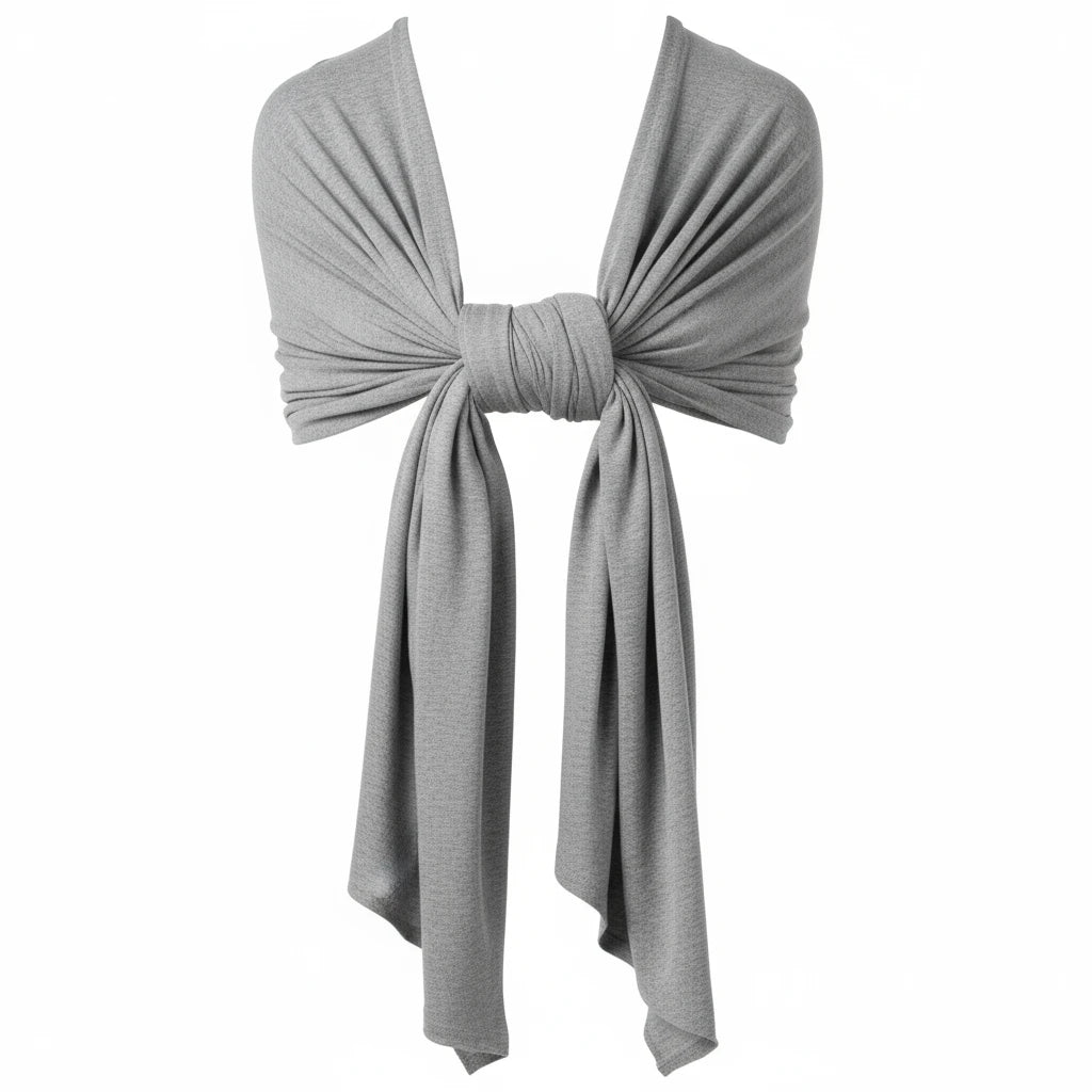 Écharpe de portage grise Kalinatur nouée, tissu doux et extensible pour un maintien sécurisé de bébé.