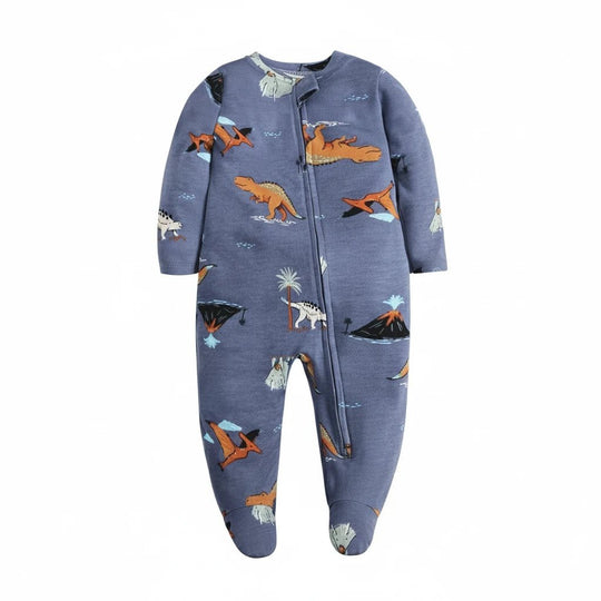 Grenouillère pour bébé en coton bleu foncé, imprimée de dinosaures colorés, avec fermeture zippée – collection Kalinatur