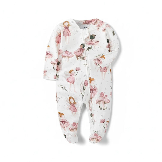 Grenouillère pour bébé en coton blanc, imprimée de petites fées et de fleurs roses, fermeture zippée – collection Kalinatur