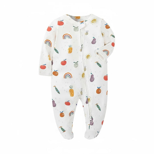 Grenouillère pour bébé en coton blanc, imprimée de fruits colorés et d’arcs-en-ciel, fermeture zippée – collection Kalinatur