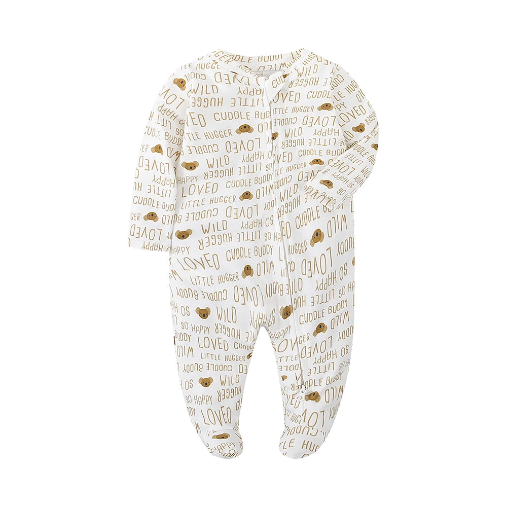 Grenouillère pour bébé en coton blanc, imprimée d’oursons et de mots doux, tons naturels – collection Kalinatur
