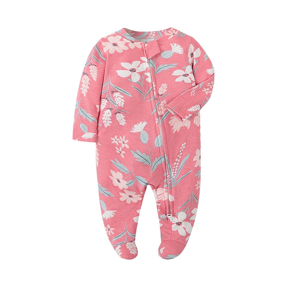 Grenouillère pour bébé en coton rose, décorée de grands motifs floraux, avec fermeture zippée – collection Kalinatur