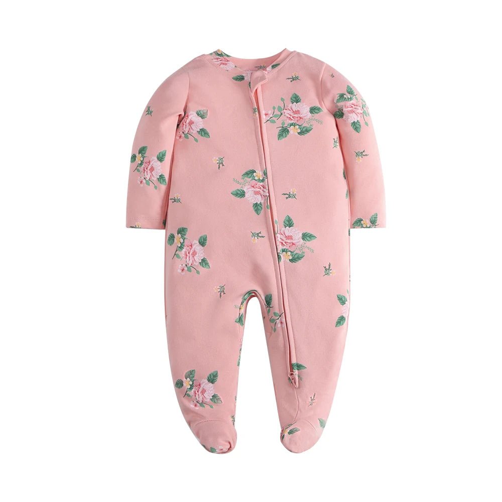 Grenouillère pour bébé en coton rose, imprimée de fleurs romantiques, fermeture zippée – collection Kalinatur