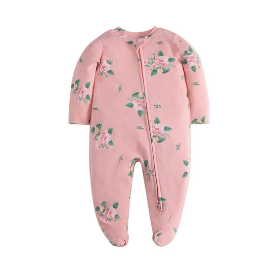 Grenouillère pour bébé en coton rose, imprimée de fleurs romantiques, fermeture zippée – collection Kalinatur