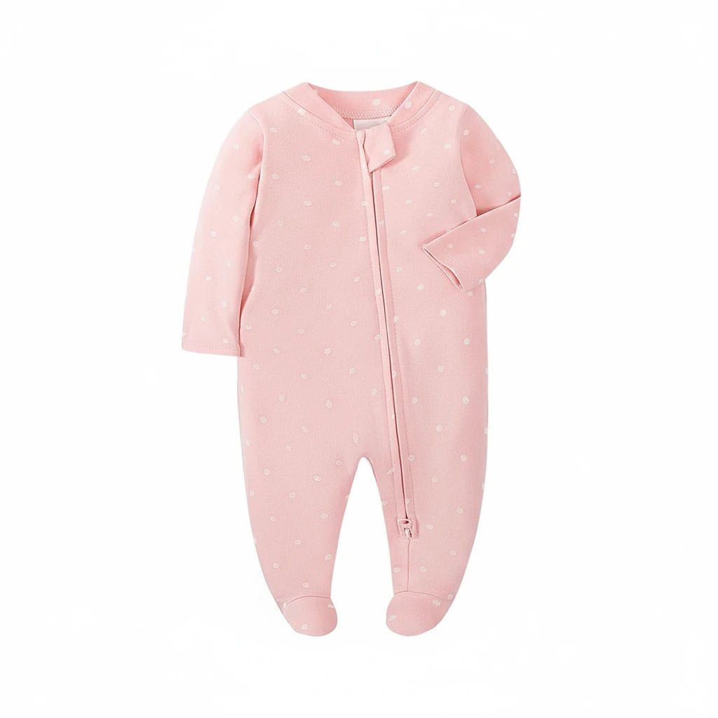 Grenouillère pour bébé en coton rose pâle, décorée de petits pois blancs, avec fermeture zippée – collection Kalinatur