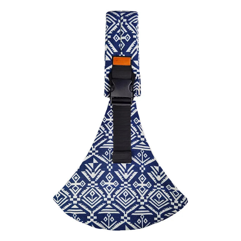 Harnais de sécurité pour bébé Kalinatur, motif tribal bleu et blanc, avec boucle renforcée.