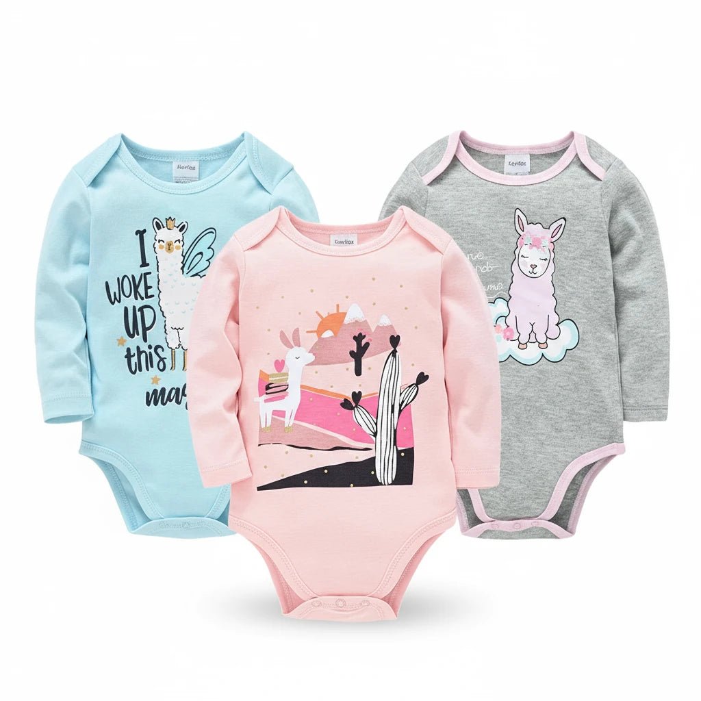 Lot de 3 bodies bébé fille à manches longues, motifs lama, licorne et paysages pastel, confort doux Kalinatur.