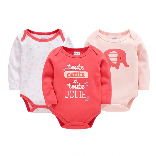 Lot de 3 bodies bébé fille roses à manches longues, motifs éléphant, imprimés doux et message “toute petite et toute jolie”, confort Kalinatur.