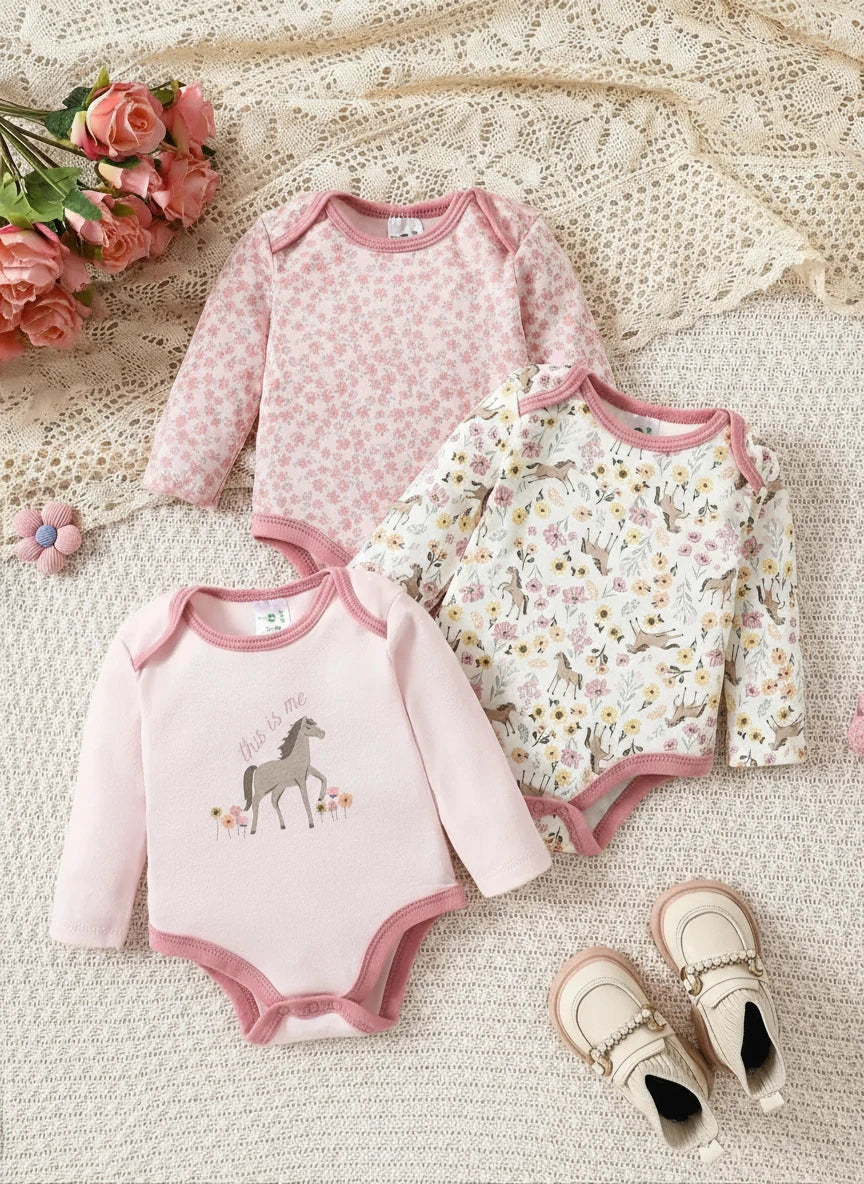 Lot de 3 bodies bébé fille à manches longues, motifs girafe, fleurs et imprimés roses, ensemble doux et confortable Kalinatur.