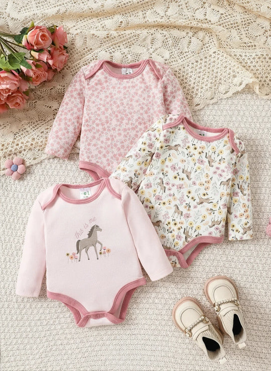 Lot de 3 bodies bébé fille à manches longues, motifs girafe, fleurs et imprimés roses, ensemble doux et confortable Kalinatur.