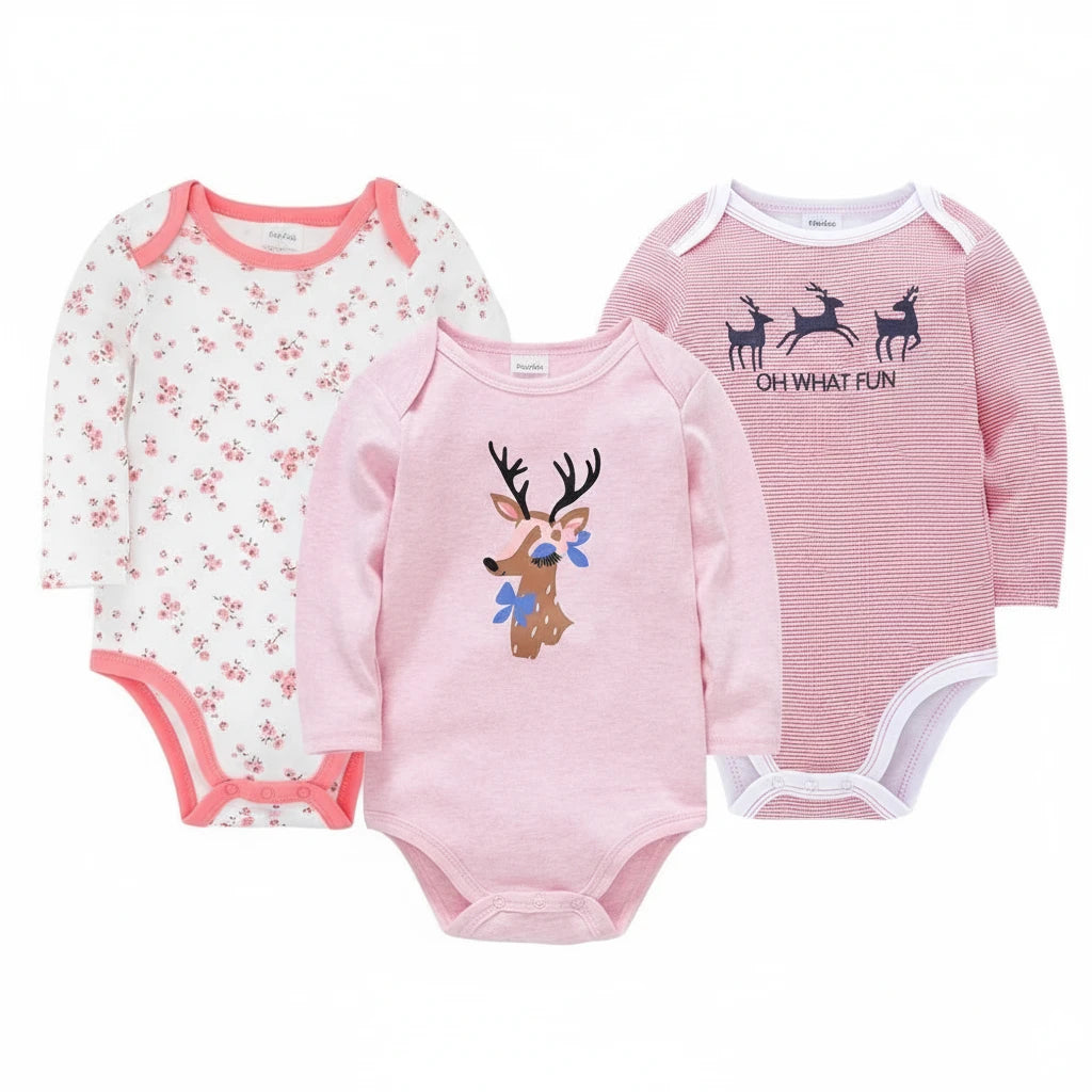 Lot de 3 bodies bébé fille roses à manches longues, motifs renne, fleurs et rennes de Noël, confort doux Kalinatur.