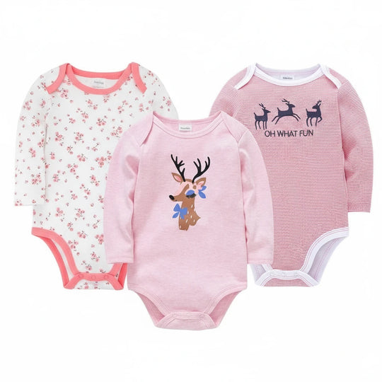 Lot de 3 bodies bébé fille roses à manches longues, motifs renne, fleurs et rennes de Noël, confort doux Kalinatur.