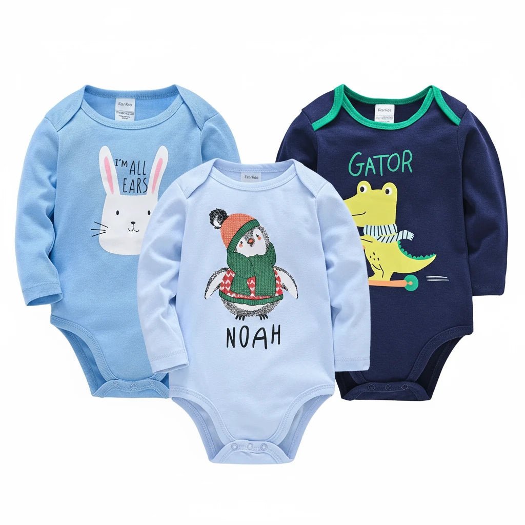 Lot de 3 bodies bébé garçon à manches longues, motifs lapin, pingouin “Noah” et crocodile, confort doux Kalinatur.