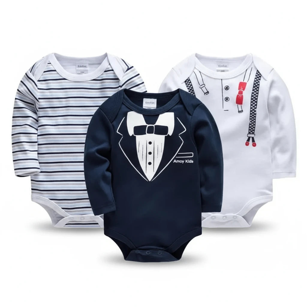 Lot de 3 bodies bébé garçon à manches longues, motifs smoking, rayures bleues et bretelles, style élégant et confortable Kalinatur.