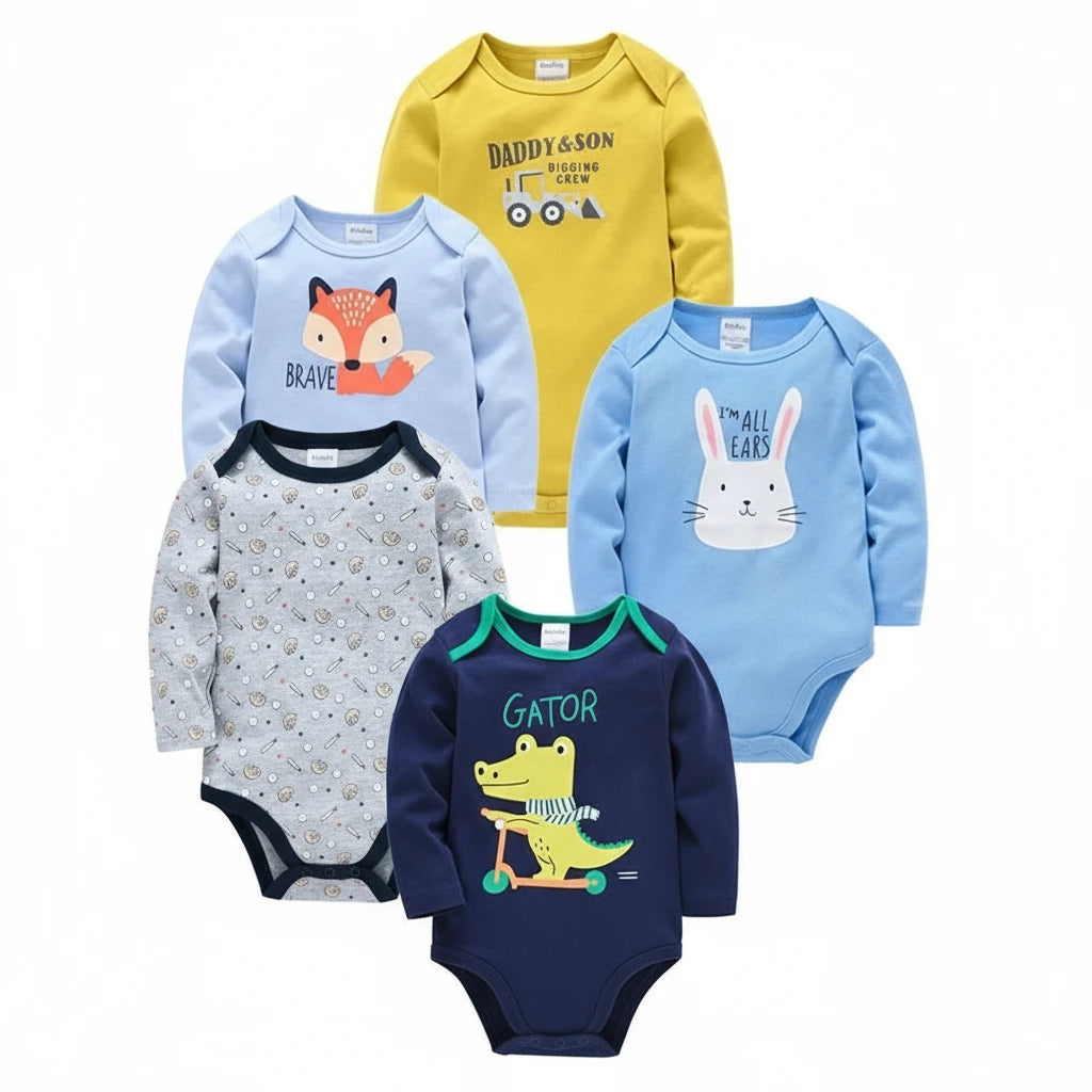 Lot de 5 bodies bébé garçon à manches longues, motifs renard, lapin, crocodile, engin de chantier et imprimés, confort doux Kalinatur.