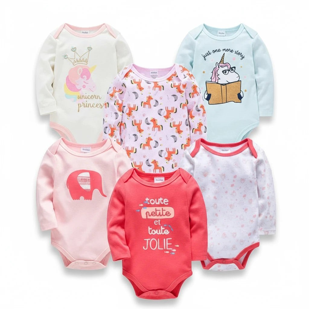 Lot de 6 bodies bébé fille à manches longues, motifs licorne, éléphant, renard et imprimés roses, confort doux Kalinatur.
