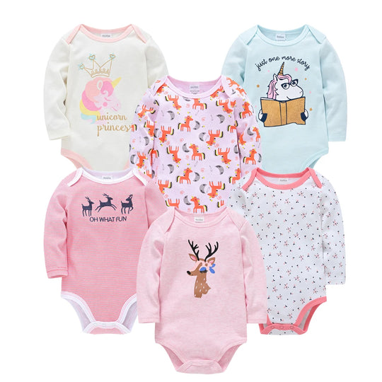 Lot de 6 bodies bébé fille à manches longues, motifs licorne, renne, imprimés roses et dessins fantaisie, confort doux Kalinatur.