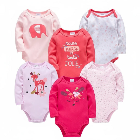 Lot de 6 bodies bébé fille roses à manches longues, motifs éléphant, faon et fleurs, confort doux Kalinatur.