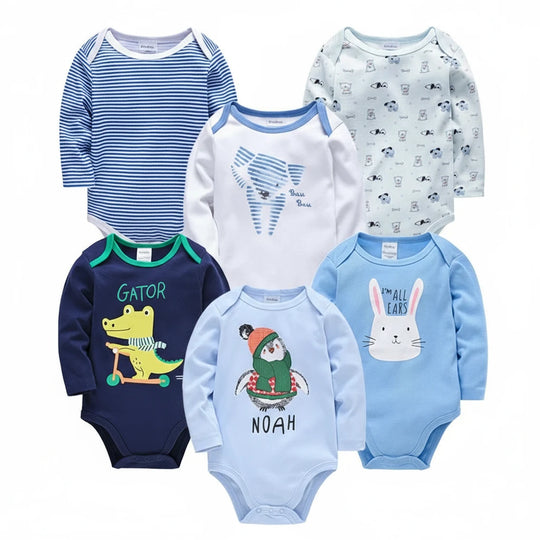 Lot de 6 bodies bébé garçon bleus à manches longues, motifs animaux, rayures et panda, confort doux Kalinatur.
