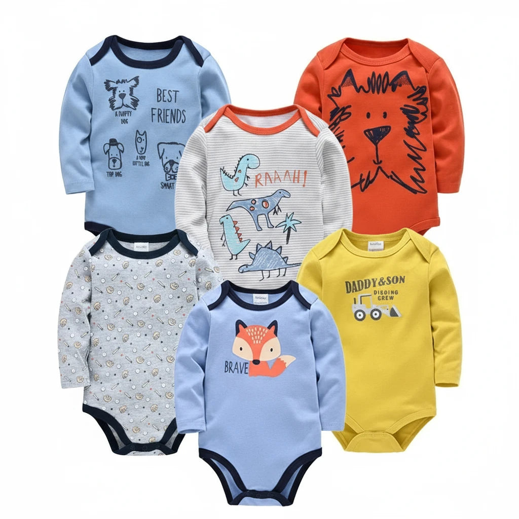 Lot de 6 bodies bébé garçon à manches longues, motifs animaux et véhicules, confort doux Kalinatur.