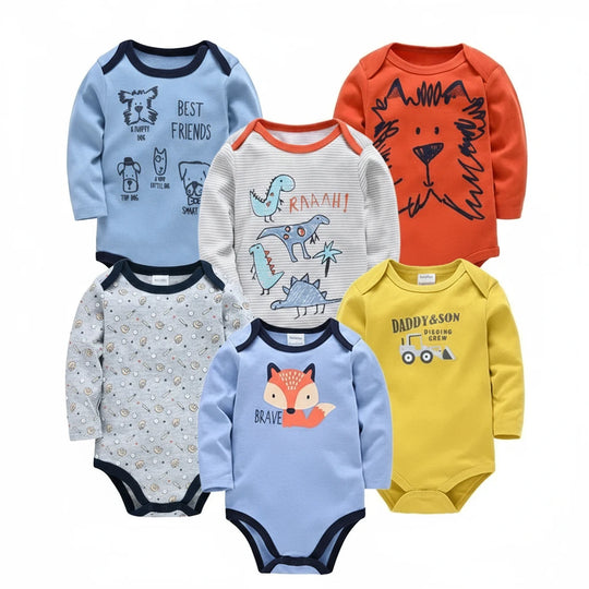 Lot de 6 bodies bébé garçon à manches longues, motifs animaux et véhicules, confort doux Kalinatur.
