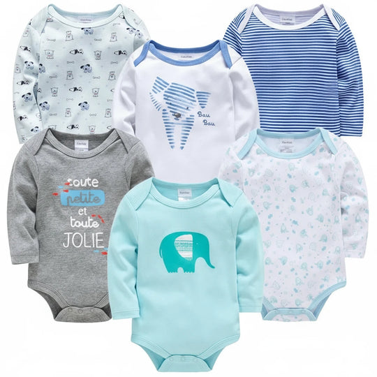 Lot de 6 bodies bébé mixtes à manches longues, motifs éléphant, panda, rayures bleues et imprimés, confort doux Kalinatur.