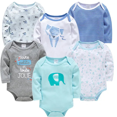 Lot de 6 bodies bébé mixtes à manches longues, motifs panda, ours Brave Bear, rayures bleues, éléphant et imprimés doux bleu clair, confort Kalinatur.