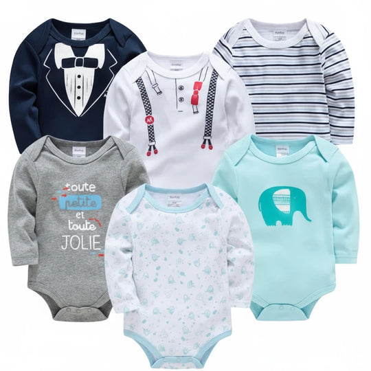 Lot de 6 bodies bébé mixtes à manches longues, motifs smoking, bretelles, rayures, message “toute petite et toute jolie”, imprimé bleu clair, et éléphant turquoise, collection douce Kalinatur.