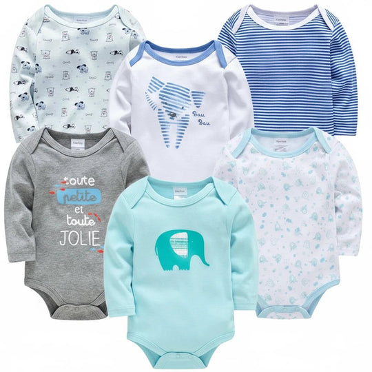 Lot de 6 bodies bébé mixtes à manches longues, motifs éléphant, panda, rayures bleues et imprimés doux, confort Kalinatur.
