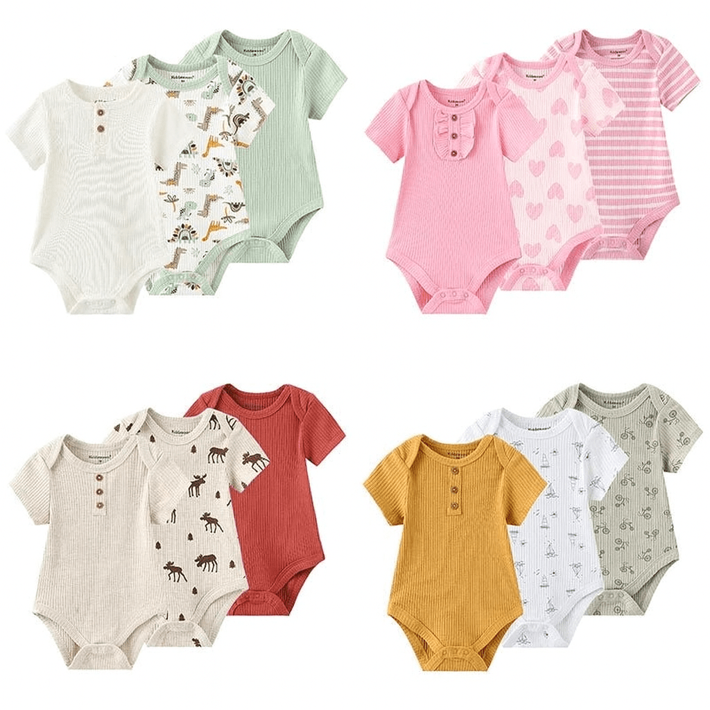 Lot de bodies bébé manches courtes en coton, motifs dinosaures, animaux coeur et couleurs pastel Kalinatur.