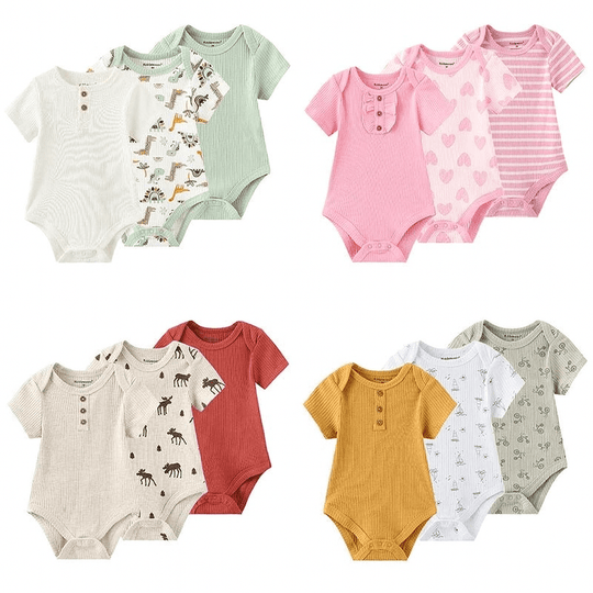 Lot de bodies bébé manches courtes en coton, motifs dinosaures, animaux coeur et couleurs pastel Kalinatur.