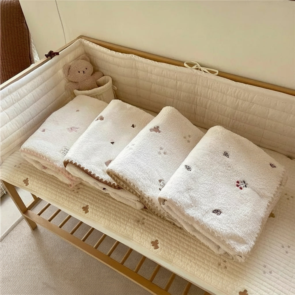 Plaids bébé doux pliés avec motifs oursons posés dans un lit cocon Kalinatur