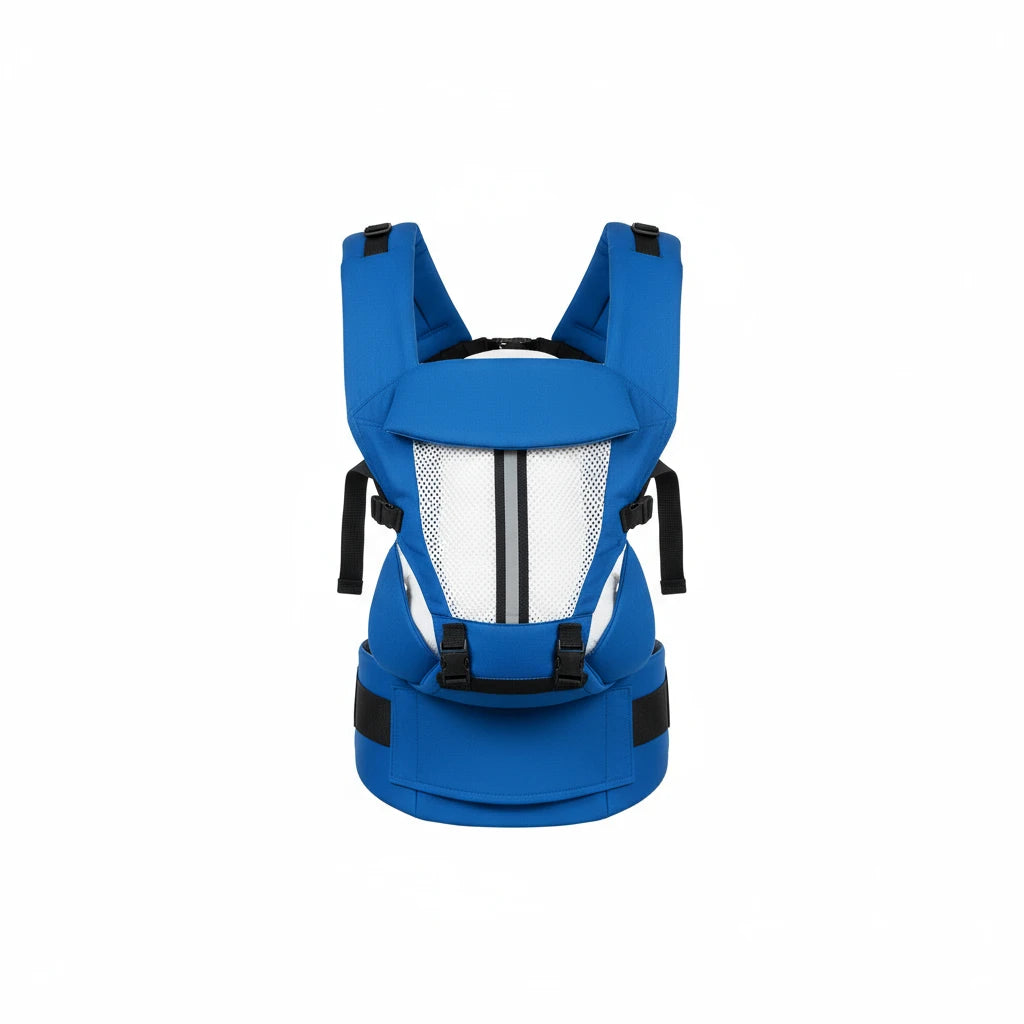 Porte-bébé ergonomique bleu clair Kalinatur avec structure respirante et ceinture de maintien.
