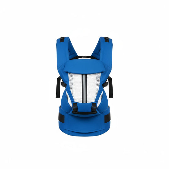 Porte-bébé ergonomique bleu clair Kalinatur avec structure respirante et ceinture de maintien.