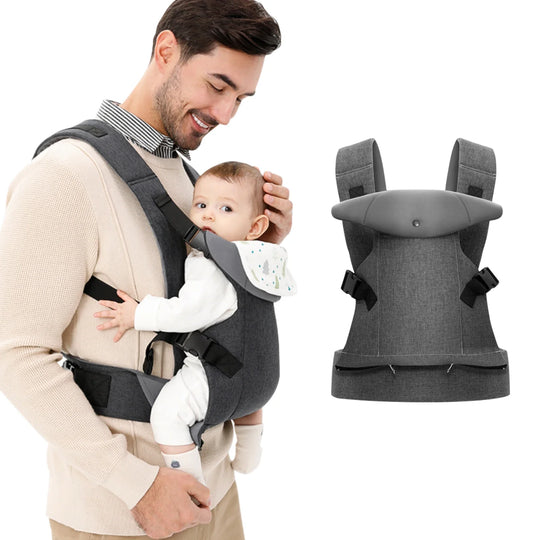 Papa portant son bébé dans un porte-bébé ergonomique gris Kalinatur, avec vue du produit seul à côté pour montrer les détails et le maintien.