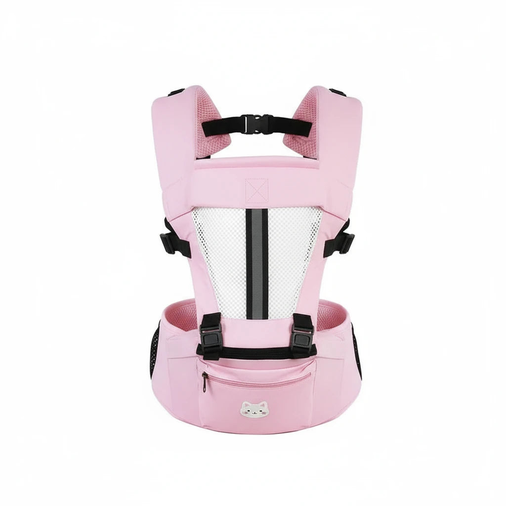 Porte-bébé ergonomique rose Kalinatur avec filet respirant et soutien lombaire.