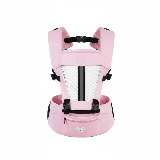 Porte-bébé ergonomique rose Kalinatur avec filet respirant et soutien lombaire.