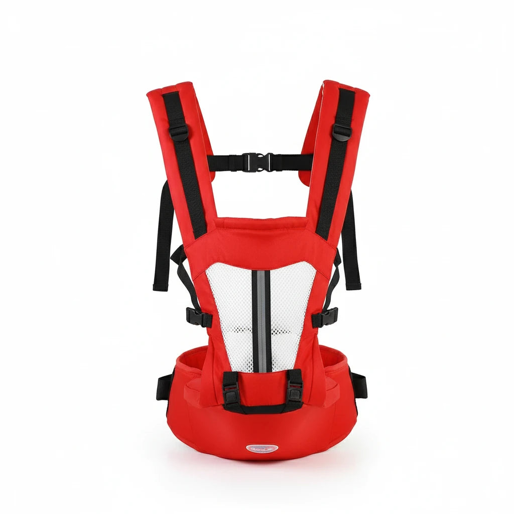 Porte-bébé ergonomique rouge Kalinatur avec assise renforcée et bretelles ajustables.