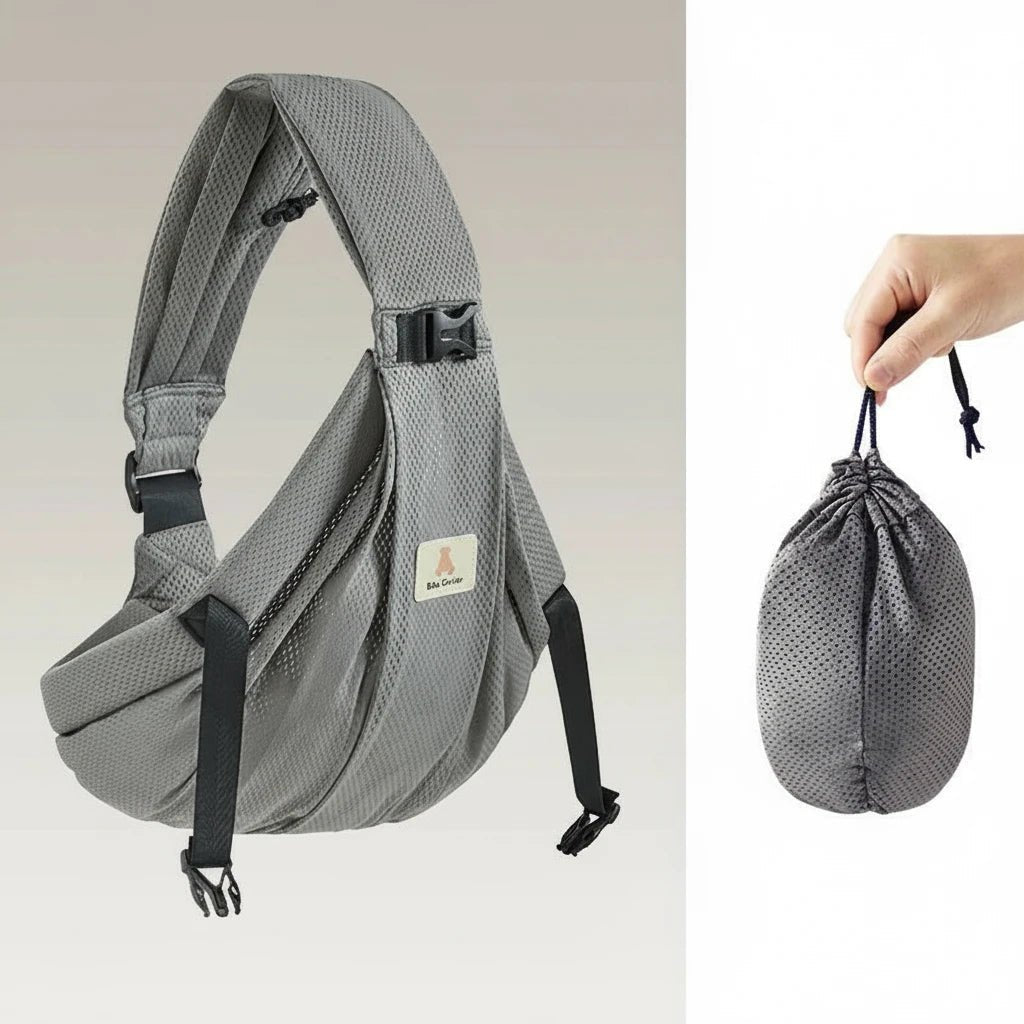 Porte-bébé sling ergonomique gris Kalinatur, pliable avec sac de transport compact.