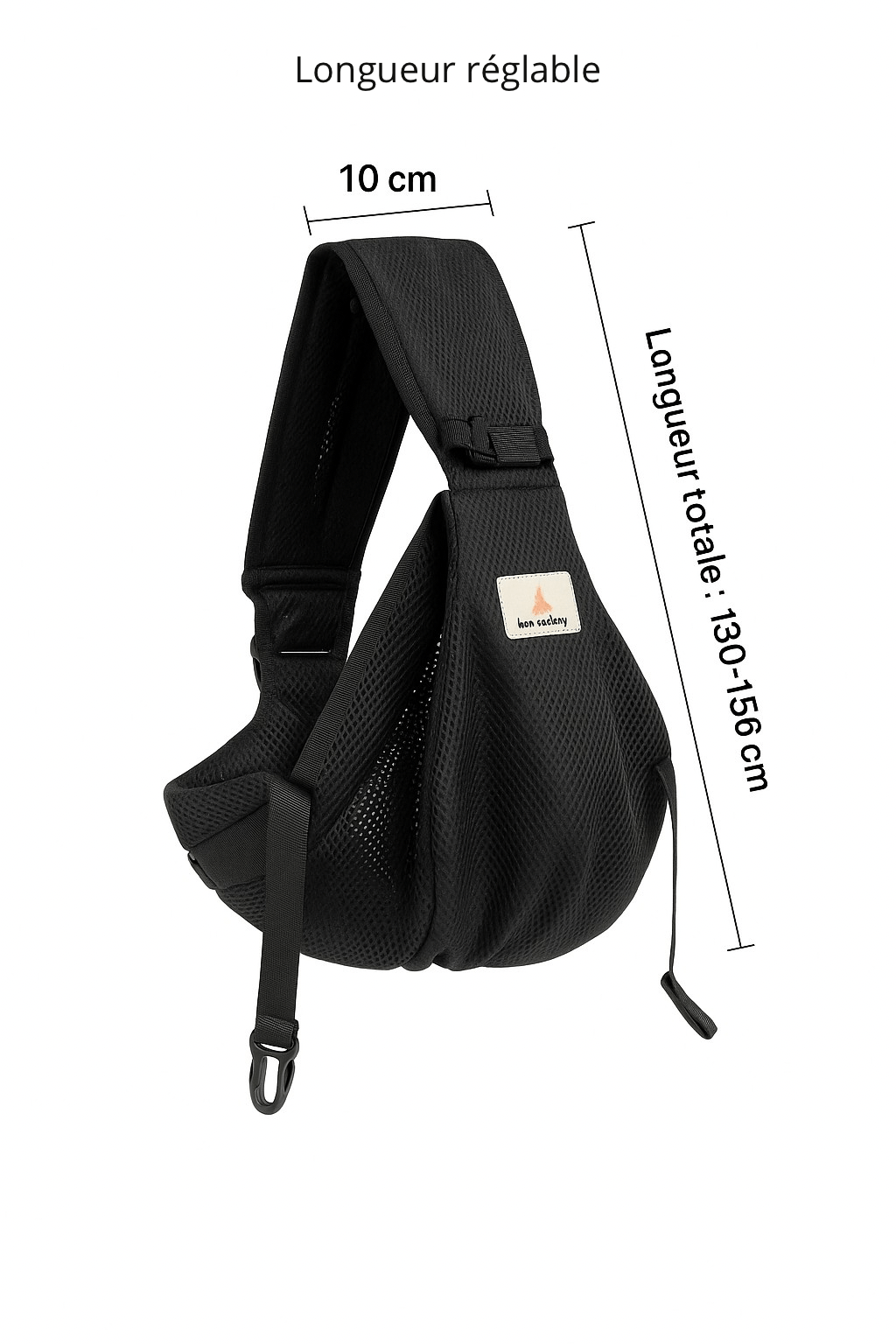 Porte-bébé sling noir Kalinatur avec longueur réglable de 130 à 156 cm et largeur de 10 cm.