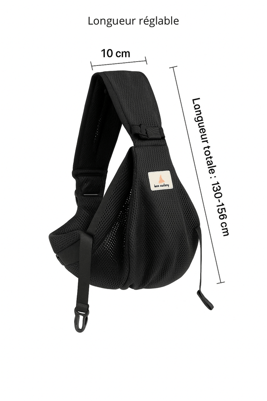 Porte-bébé sling noir Kalinatur avec longueur réglable de 130 à 156 cm et largeur de 10 cm.