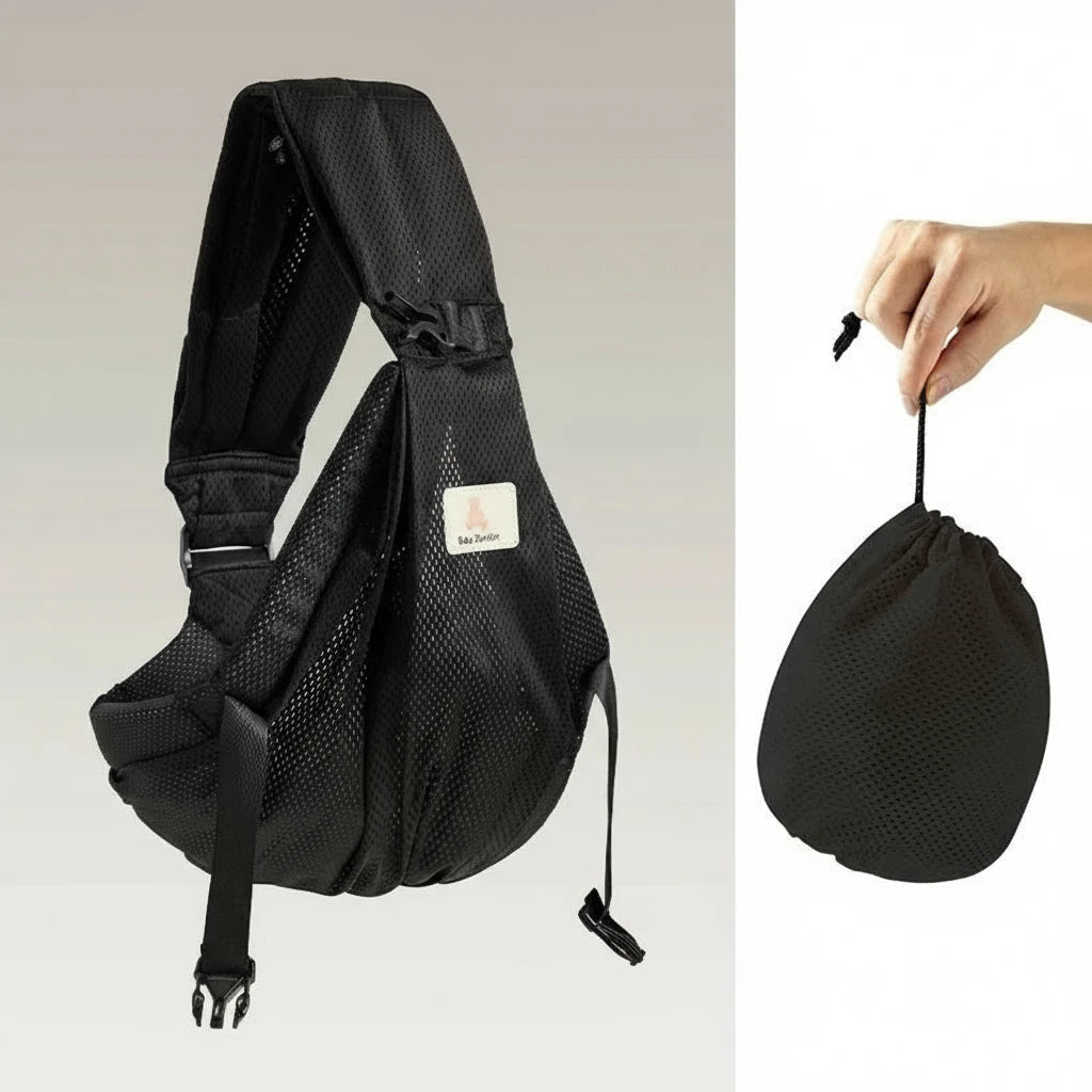 Porte-bébé sling ergonomique noir Kalinatur, pliable et rangé dans son sac compact.
